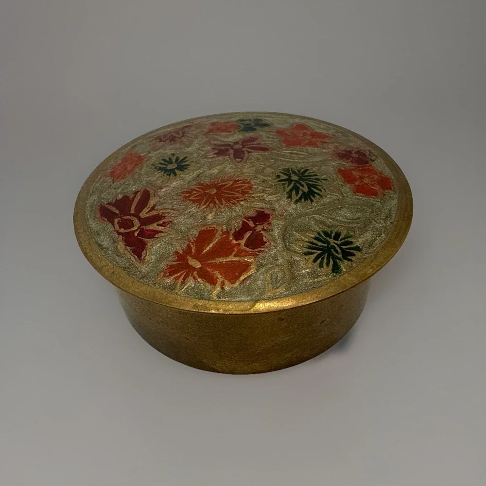 Brass Cloisonne Indian Vintage Pill/Trinket/Snuff Box Floral Design Small